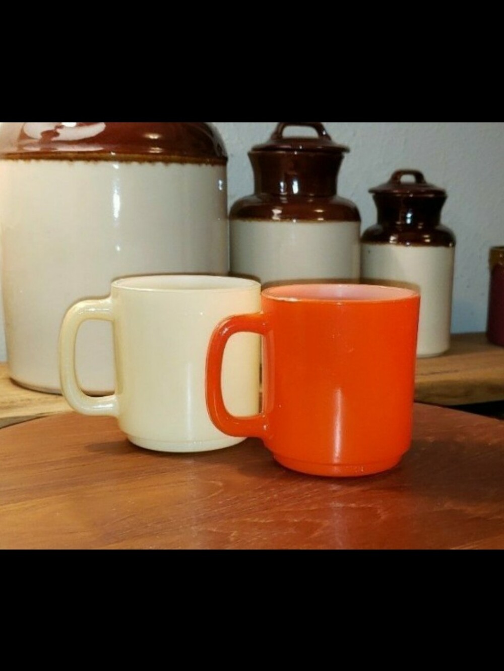 Glasbake Mugs, Set Of Two (2)Orangish-Red & Ivory